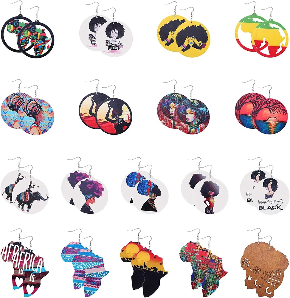 18 Pairs African Map Wooden Earrings for Women Round Natural Wooden Painted Drop Dangle Earrings Set Ethnic Style - Grocery
