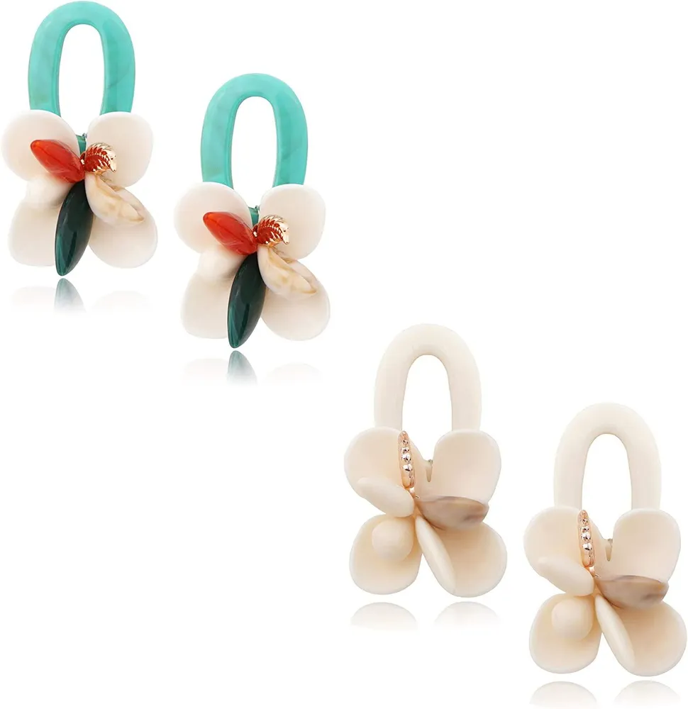 2Pairs Resin Floral Earrings Dainty Drop Dangle Flower Stud Earrings for Women - Grocery