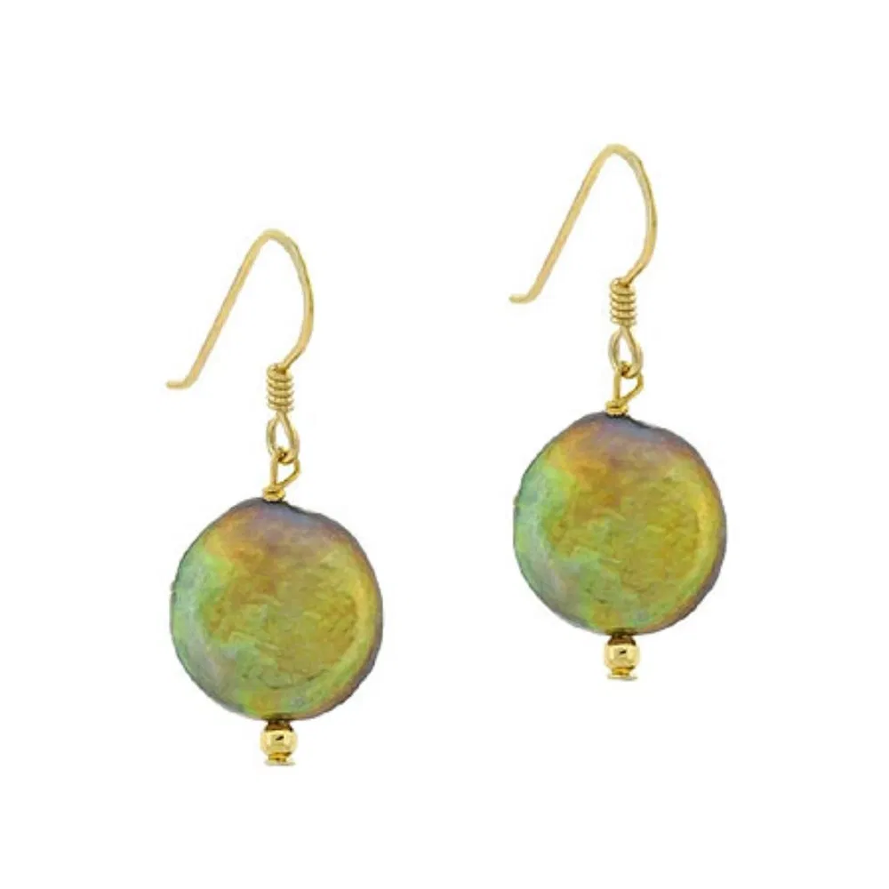 18K Gold over Sterling Silver Freshwater Cultured Golden-Green Coin Pearl Earrings - Grocery