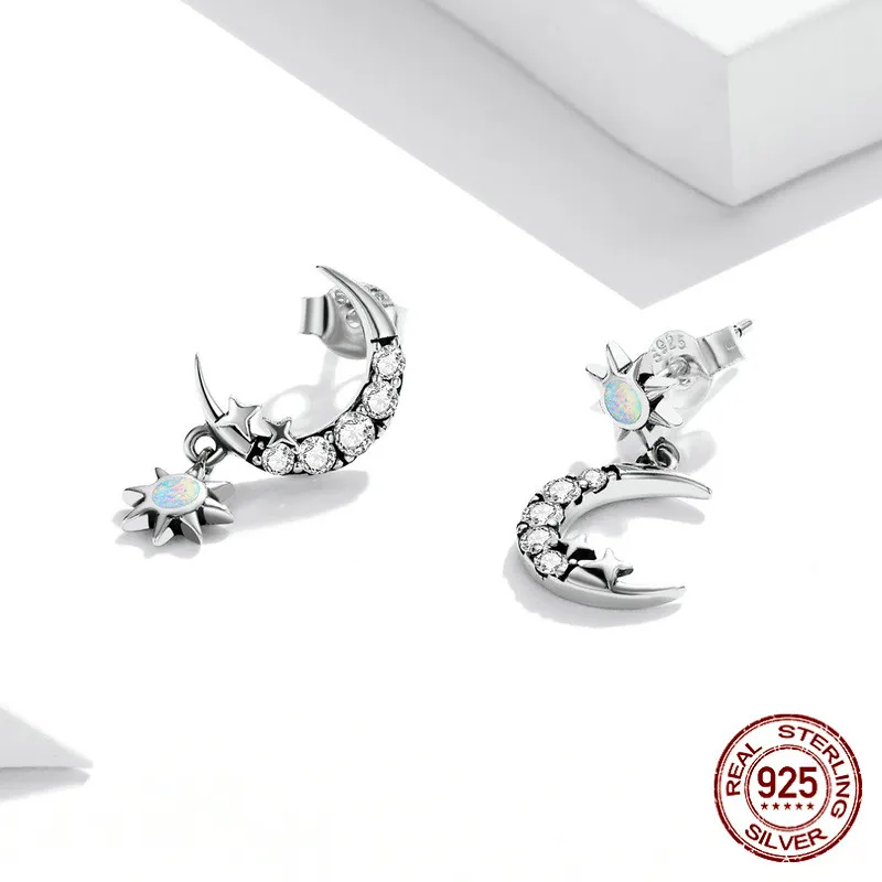 Star And Moon Silver Opal Stud Earrings - Grocery