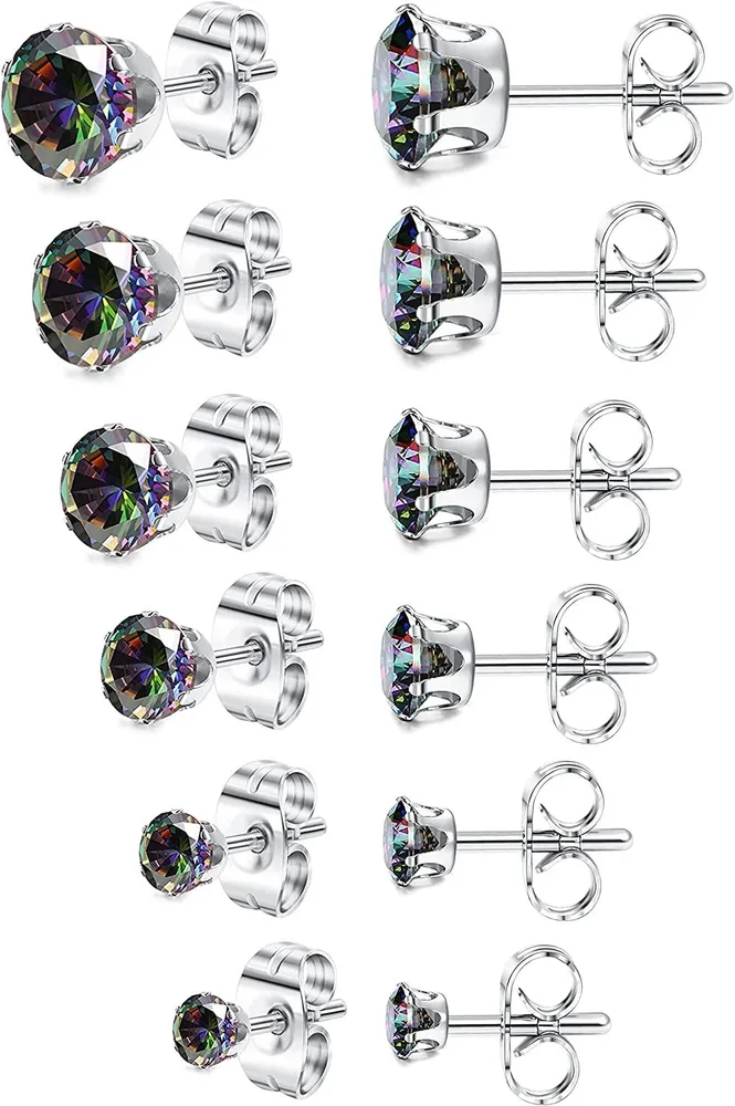 Women's Stainless Round Clear Cubic Zirconia Stud Earring (6 Pairs) - Grocery