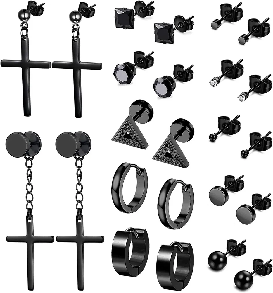 12Pairs Stainless Steel Stud Earrings for Mens Women Cross Dangle Earrings Tiny CZ Ball Hoop Huggie Earrings Set - Grocery
