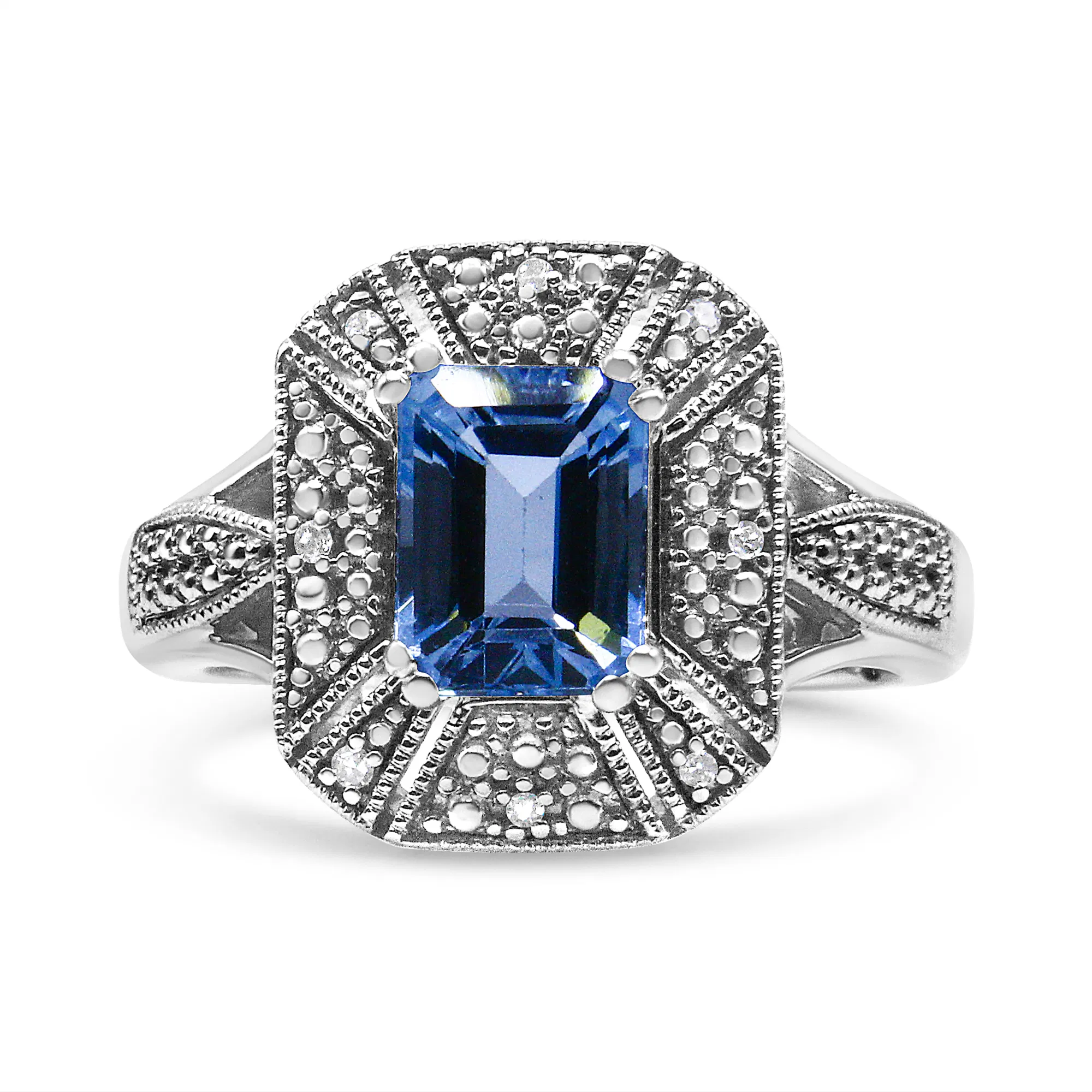 .925 Sterling Silver Diamond Accent and 8X6 mm Emerald-Shape Blue Topaz Ring (I-J Color, I2-I3 Clarity) - Grocery
