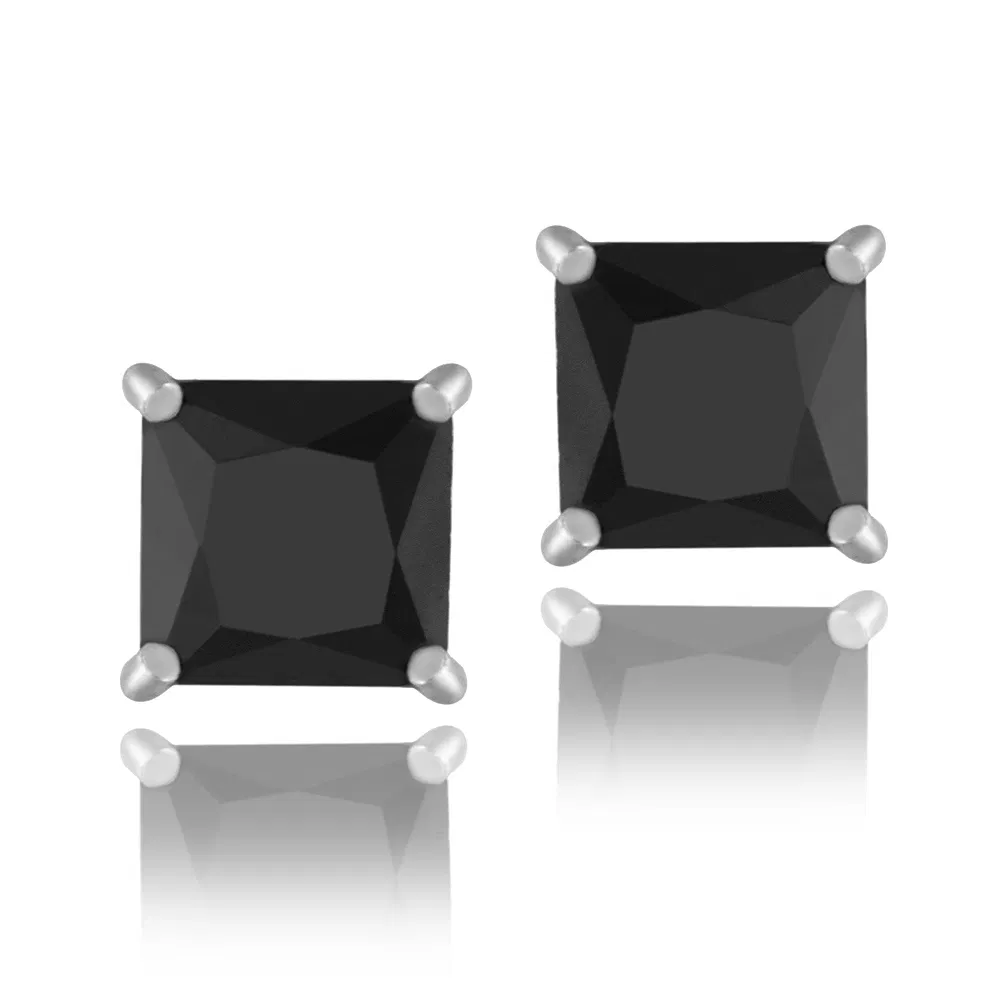 Sterling Silver Black CZ 8mm Square Stud Earrings - Grocery
