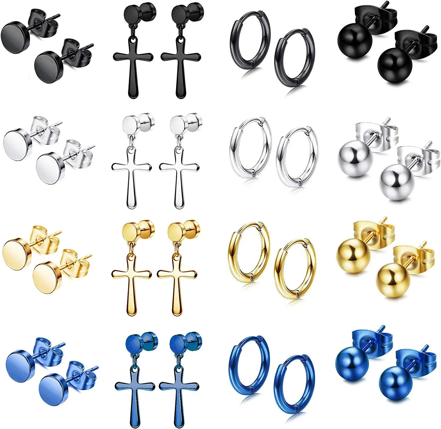 16Pairs Stainless Steel Earrings For Men CZ Stud Earring Tiny Ball Stud Earrings Cartilage Earrings Endless Hoop Earrings For Men - Grocery
