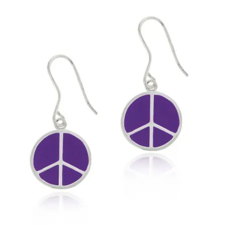 Sterling Silver Purple Enamel Peace Sign Dangle Earrings - Grocery