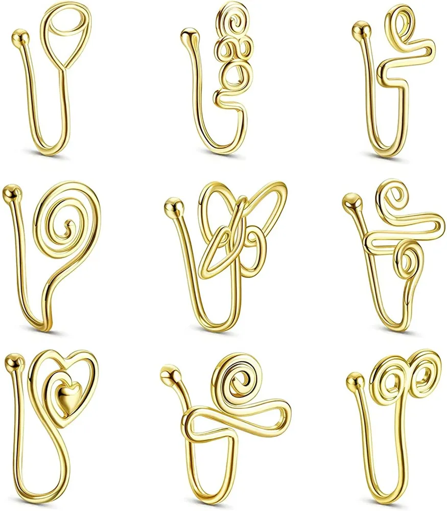 9 Pcs African Nose Cuff Non Piercing Fake Nose Ring for Women 14k Gold Plated Clip On Nose Ring Ear Cuff Fake Piercings - Grocery