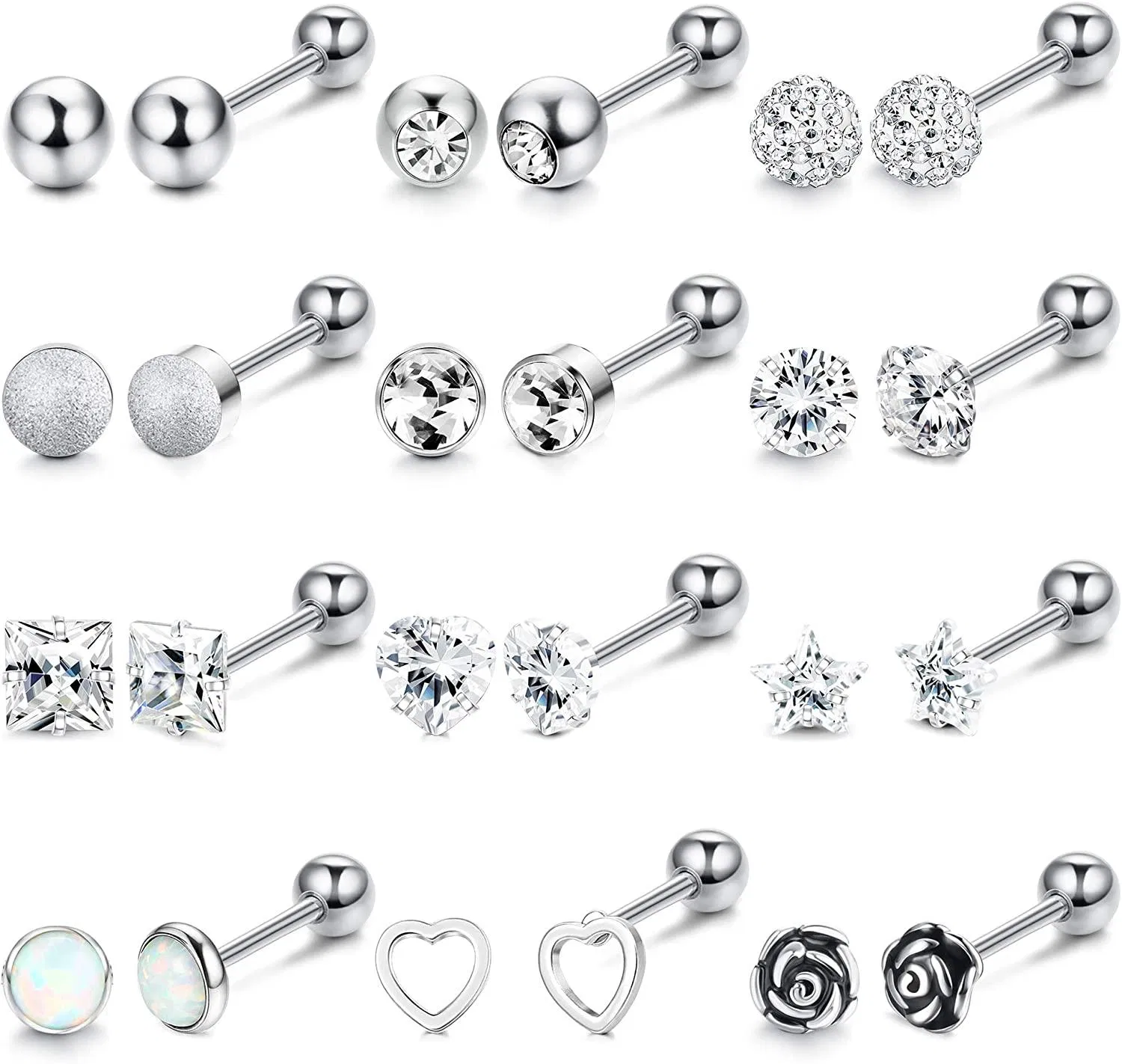 12 Pairs Tiny Cartilage Stud Earrings for Women Stainless Cubic Zirconia Earrings Heart Star Flower Barbell Piercing 4mm - Grocery