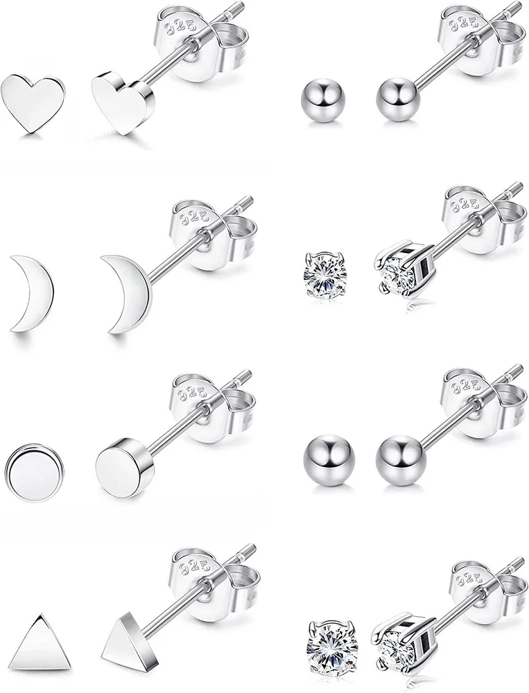 8 Pairs 925 Sterling Stud Geometric Earrings Set for Women Cute Triangle Heart CZ Ball Dot Moon Stud Earrings Set - Grocery