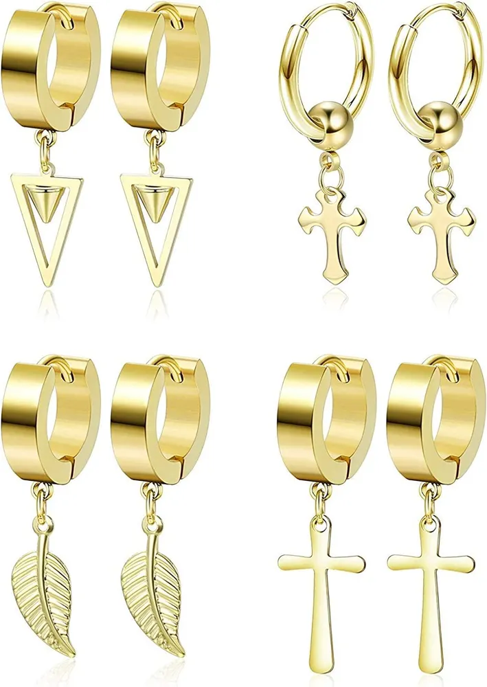 4 Pairs Cross Dangle Huggie Hoop Earrings Stainless Feather Triangle Hinged Earrings Punk Hip-Hop Ear Piercing Earrings for Men Women - Grocery