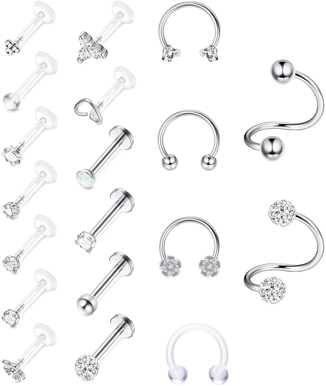 19pcs Helix Cartilage Earrings Tragus Labret Earring Studs Stainless Steel&Acrylic Lip Nose Rings Daith Rook Piercing Jewelry for Women Men - Grocery