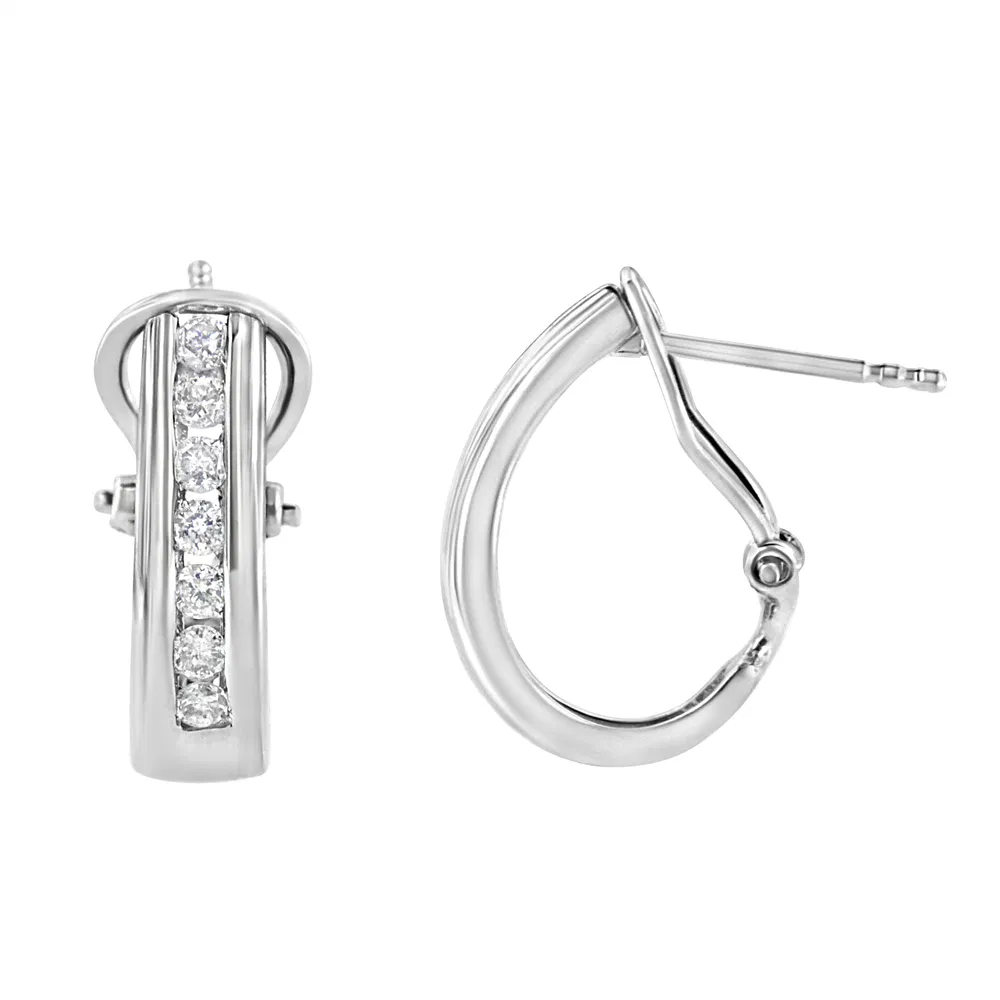 .925 Sterling Silver Channel Set 1/2 Cttw Lab Grown Round Diamond Omega Back Huggy Hoop Earrings (F-G Color, SI1-SI2 Clarity) - Grocery