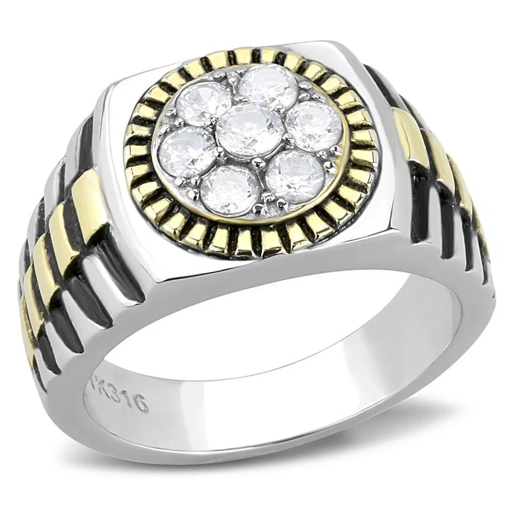 TK3240 - Two-Tone IP Gold (Ion Plating) Stainless Steel Ring with AAA Grade CZ in Clear - Grocery