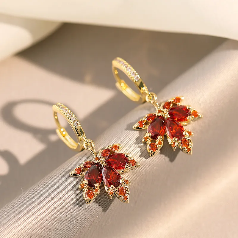Red Maple Leaf Drop Earrings Inlaid Water Drop Shape Zircon Pendant Sweet Hoop Earrings Holiday Jewelry - Grocery