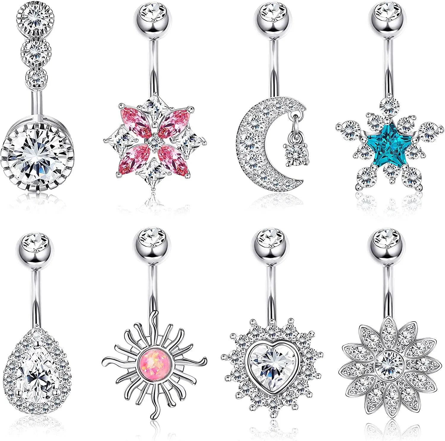 14G Belly Rings for Women Stainless Belly Button Rings Paved CZ Belly Piercing 8 Pcs - Grocery