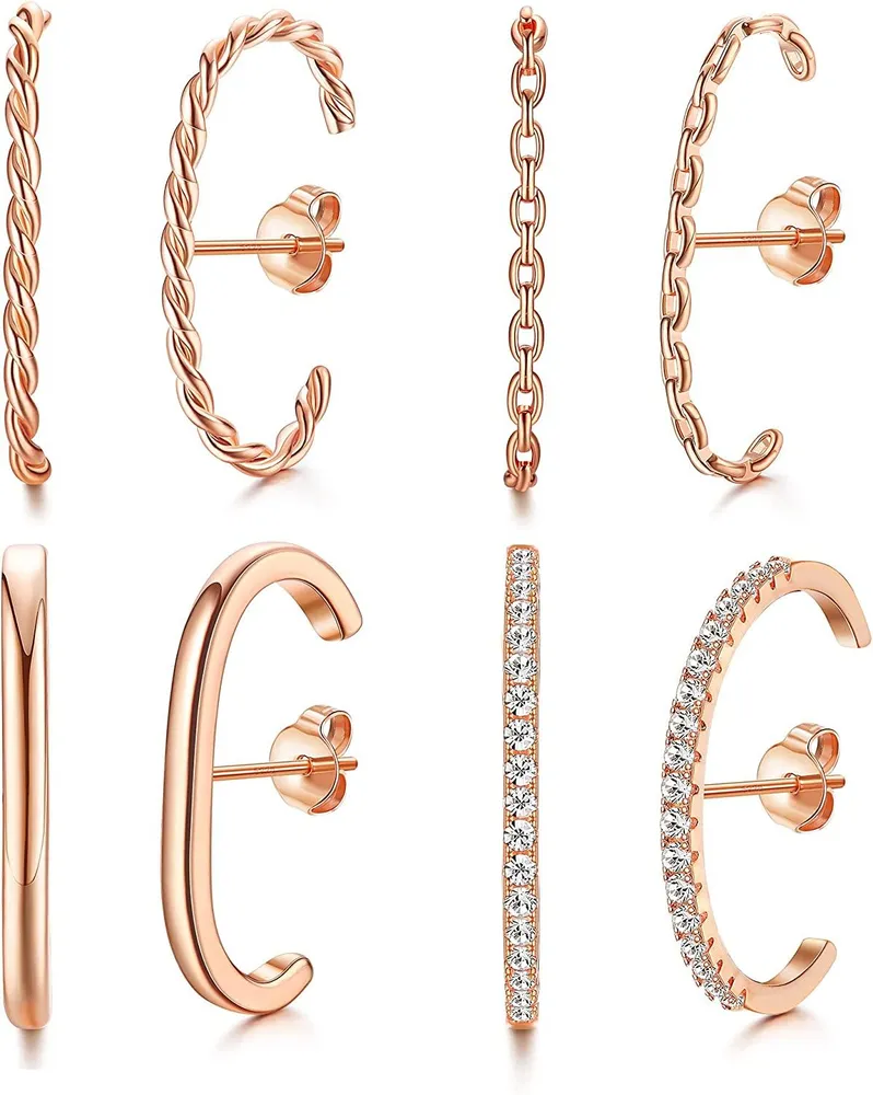 4 Pairs 925 Sterling Silver Suspender Earring for Women Minimalist Ear Lobe Cuff Stud Earring CZ Wrap Crawler Suspension Hoop Earring Set - Grocery