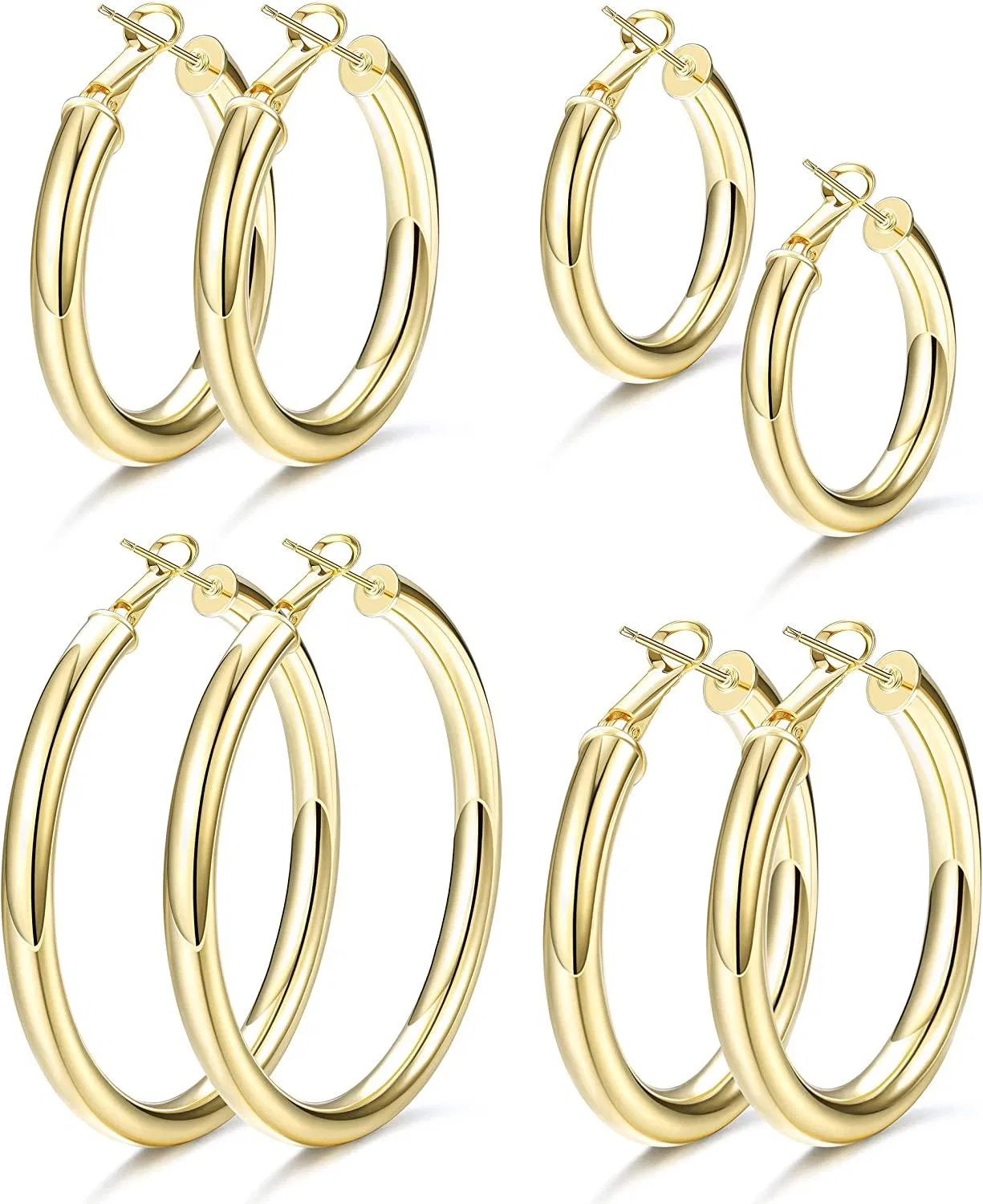 4 Pairs Thick Hoop Earrings for Women Men Gold-Plated Chunky Earrings Wide Round Tube Hoops Earrings Set - Grocery
