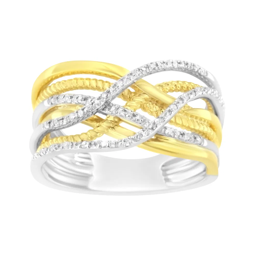 10K Yellow Gold Plated .925 Sterling Silver 1/10 Cttw Diamond Multi Row Crossover Ring Band (I-J Color, I1-I2 Clarity) - Grocery