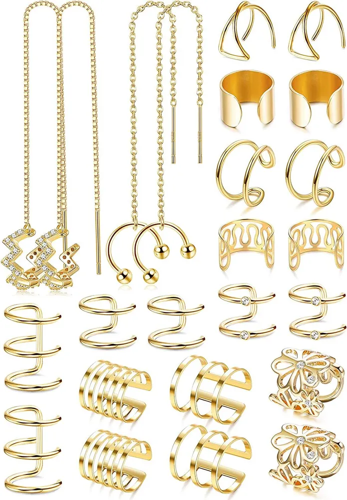 12 Pairs Wave Cuff Chain Earrings Helix Cartilage Clip On Wrap Earrings Stainless Non Piercing Earrings Set - Grocery