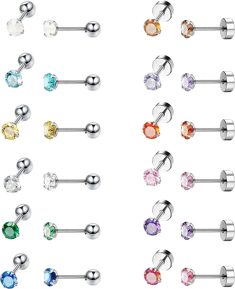 Stainless CZ Tiny Stud Earrings for Women Egirls 18G 2MM Corloful Cubic Zirconia Cartilage Helix Piercing Earring Studs Screwback Flatback Earrings Set - Grocery