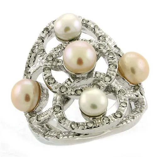 6X087 - Rhodium Brass Ring with Semi-Precious Pearl in Multi Color - Grocery