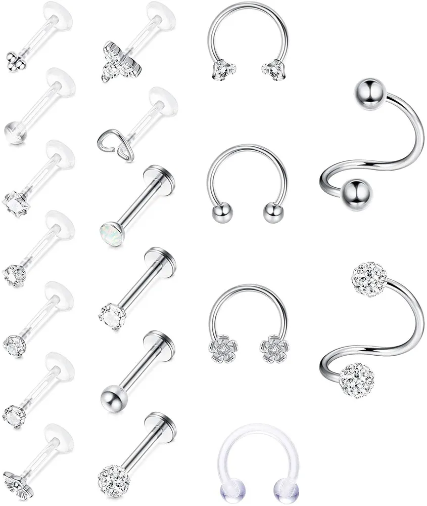 19pcs Helix Cartilage Earrings Tragus Labret Earring Studs Stainless Steel&Acrylic Lip Nose Rings Daith Rook Piercing Jewelry for Women Men - Grocery