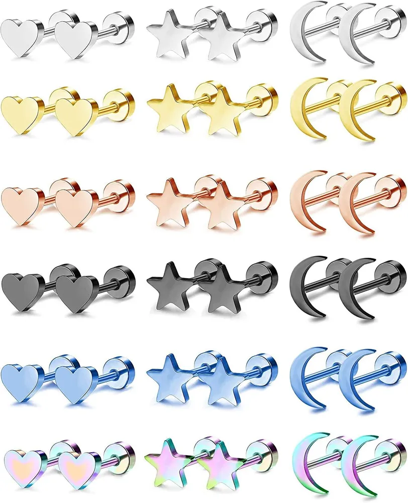 18Pairs 18G 316L Stainless Steel Heart Moon Star Stud Earrings Barbell Piercing Studs for Women Men Cartilage Helix Tragus Ear Piercing Jewelry - Grocery