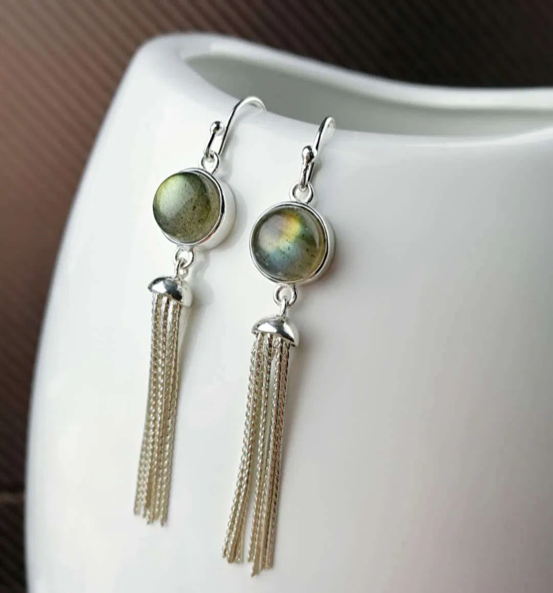 S925 Sterling Silver natural Elongated Moonstone Tassel women's Earrings - Grocery