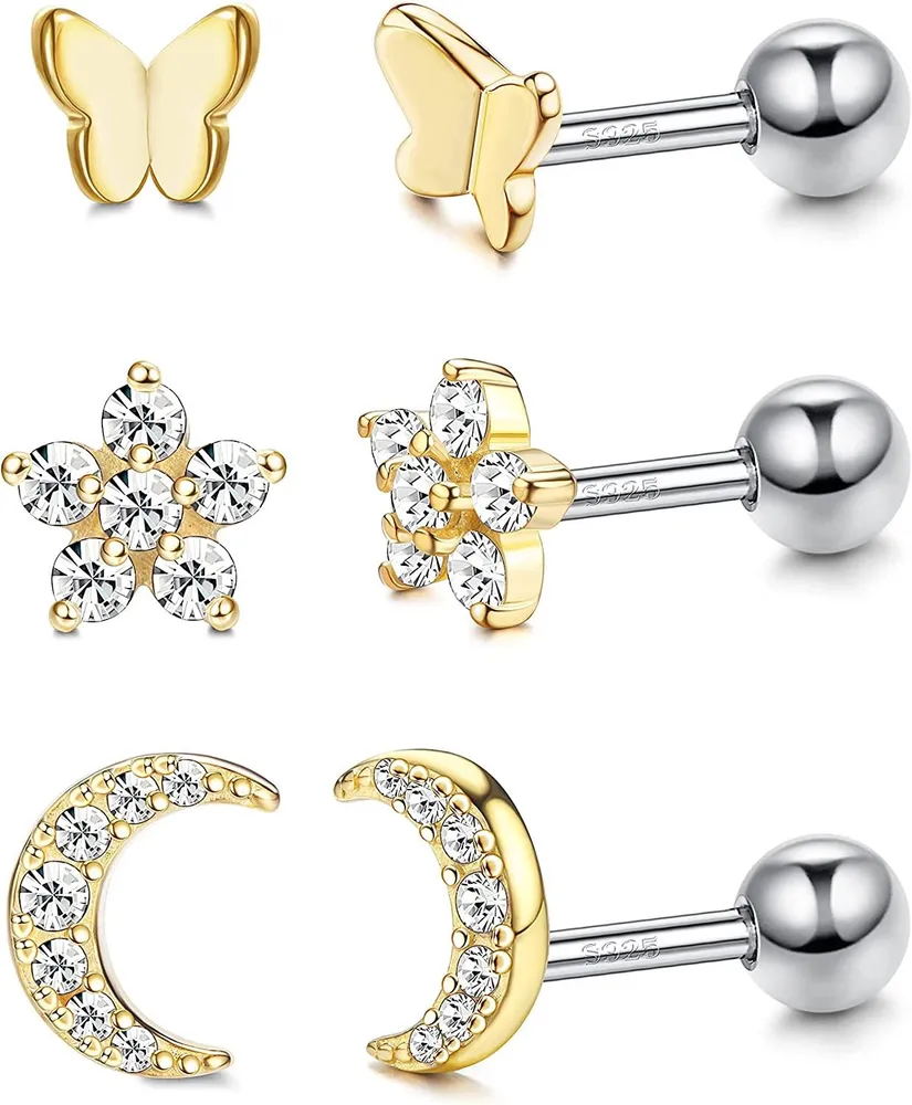 3 Pairs Sterling Silver Cartilage Earrings For Women Butterfly Moon CZ Barbell Stud Earrings Cartilage Helix Tragus Daith Piercing 18G - Grocery