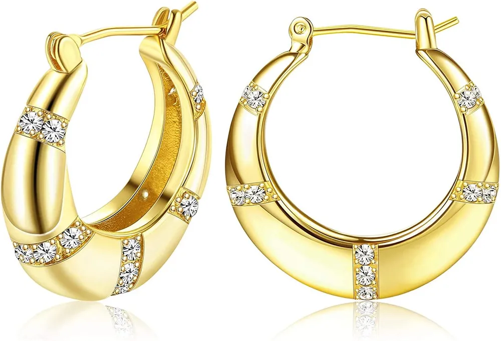 14K Gold Plated Cubic Zirconia Chunky Hoop Earrings for Women CZ Small Thick Hoop Piercing Earrings Gift - Grocery
