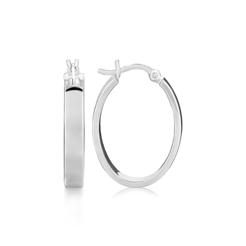 Sterling Silver Flat Style Oval Hoop Earrings with Rhodium Plating(4x14mm) - Grocery
