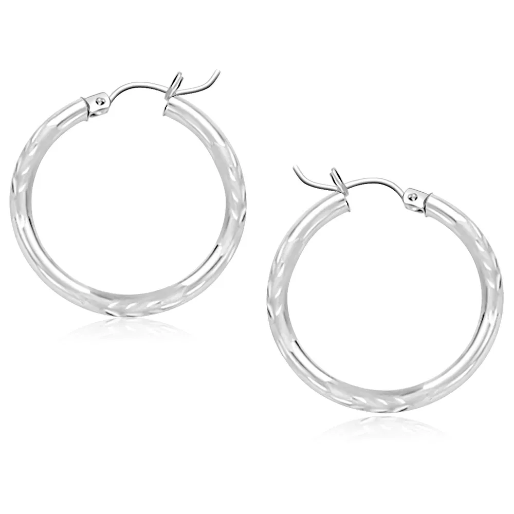 14k White Gold Diamond Cut Hoop Earrings (3x25mm) - Grocery