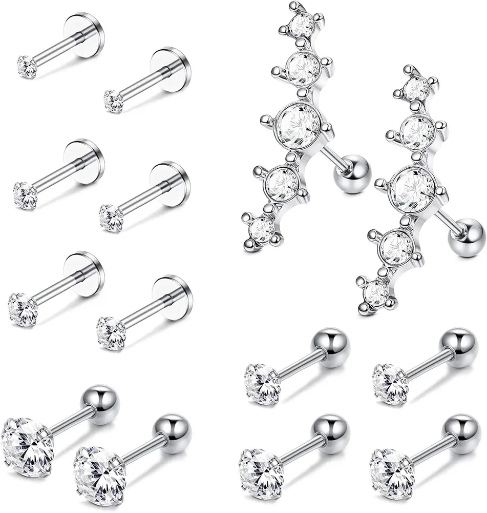7 Pairs Stainless CZ Stud Earrings for Women Men Cartilage Earrings Helix Tragus Barbell Ear Body Piercings Jewelry - Grocery