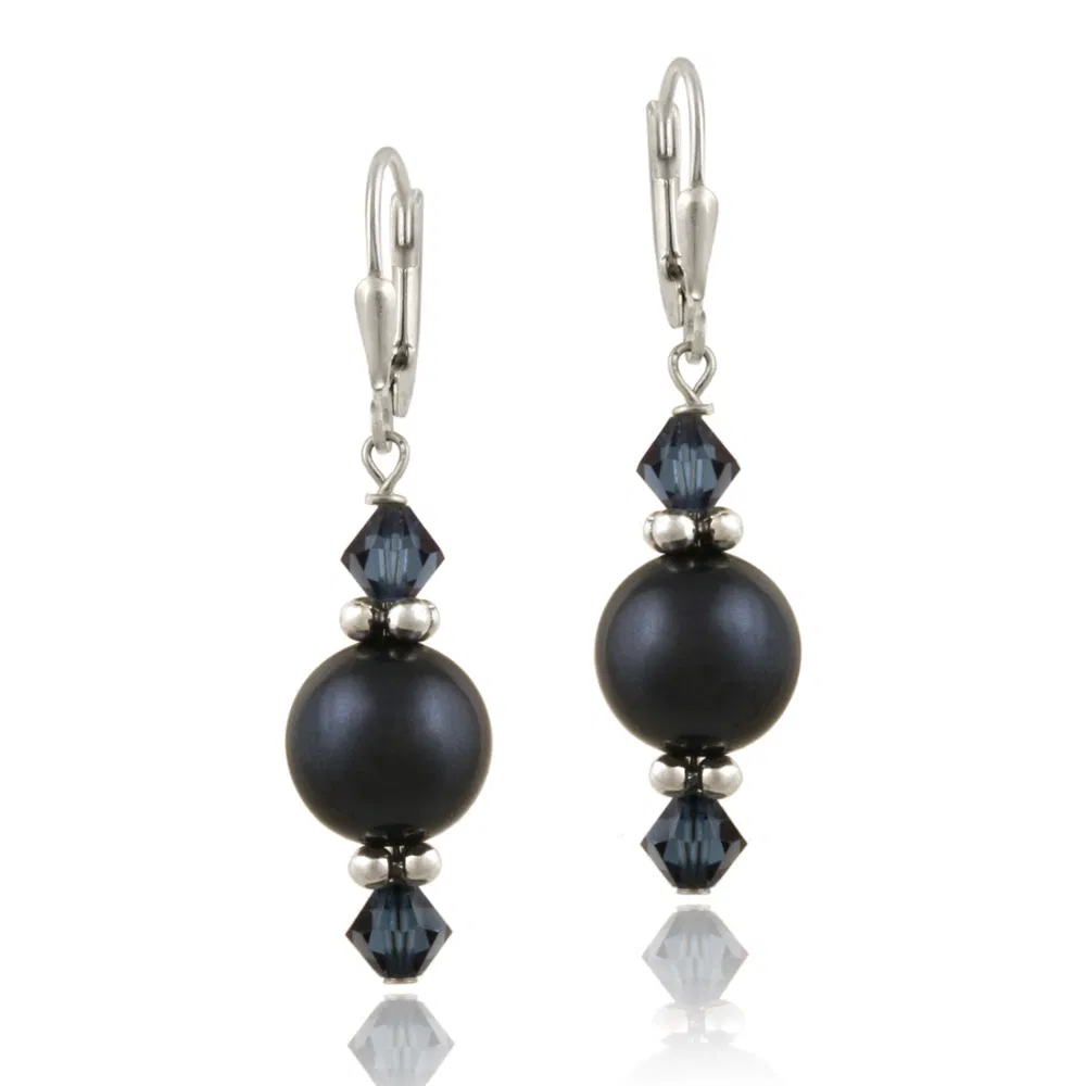Sterling Silver Night Blue Swarovski Pearl & Crystal Dangle Leverback Earrings - Grocery