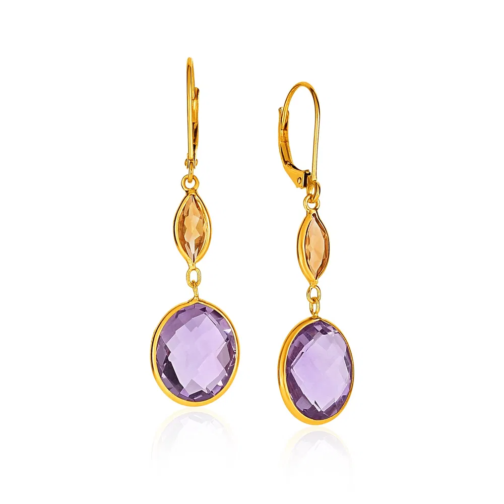 14k Yellow Gold Drop Earrings with Citrine and Amethyst Briolettes - Grocery