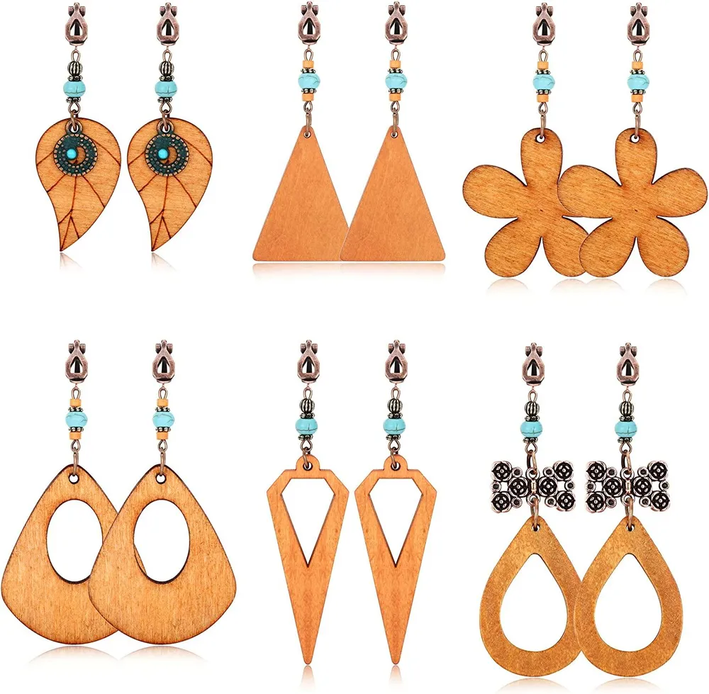6Pairs Wooden Clip on Earrings Natural Wood Dangle Earrings Lightweight Non Piercing Earrings for Women - Grocery