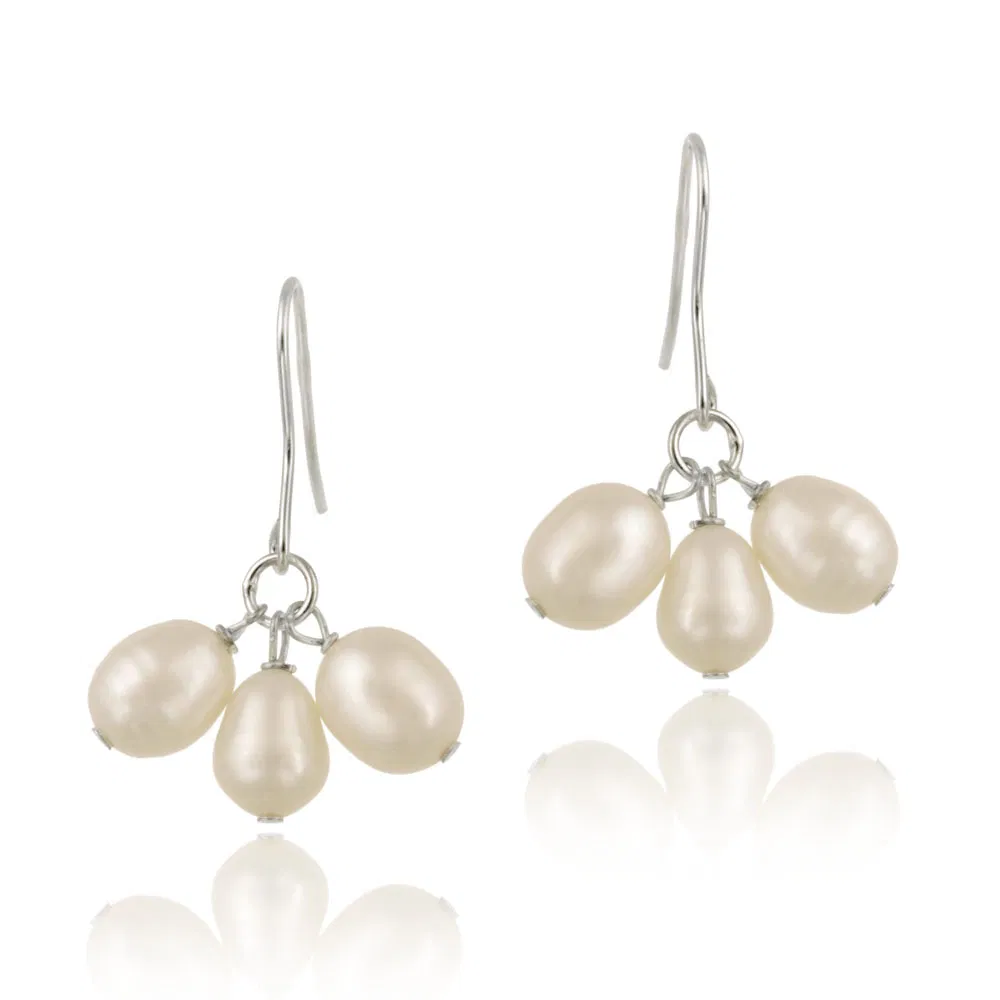Sterling Silver Freshwater Cultured Peach Pearl Cluster Dangle Earrings - Grocery