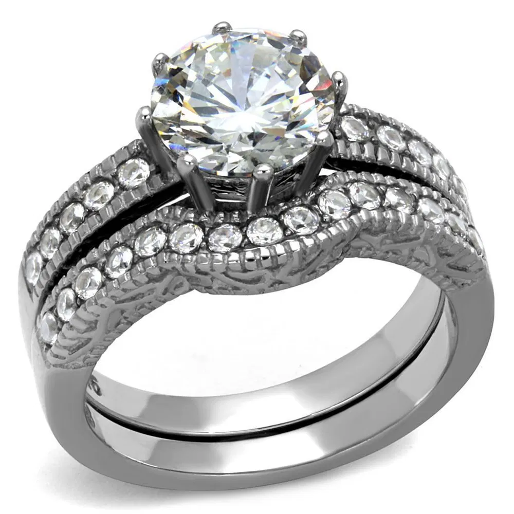 TK1W007 - High polished (no plating) Stainless Steel Ring with AAA Grade CZ in Clear - Grocery