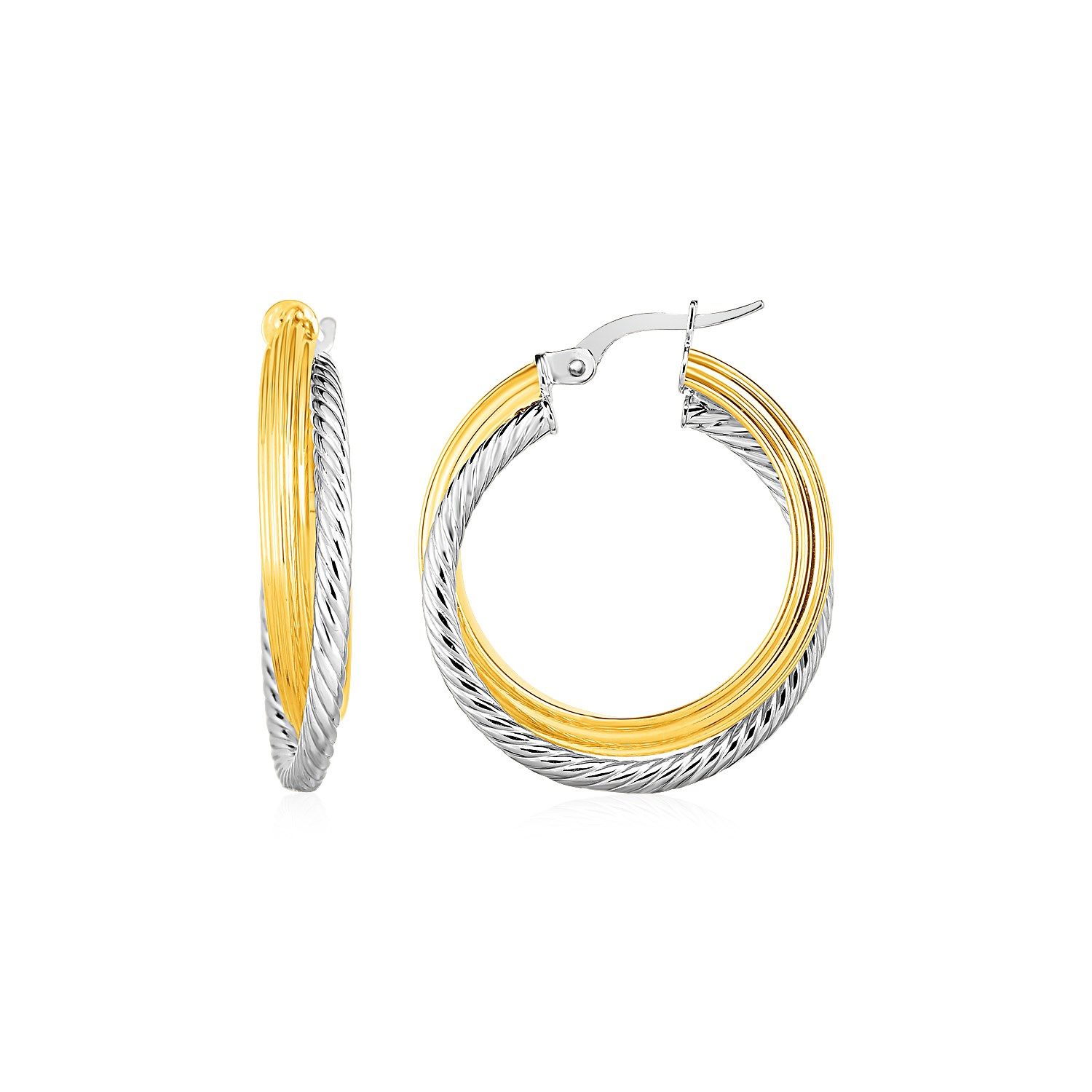 Two Part Textured and Shiny Hoop Earrings in 14k Yellow and White Gold(4x20mm) - Grocery