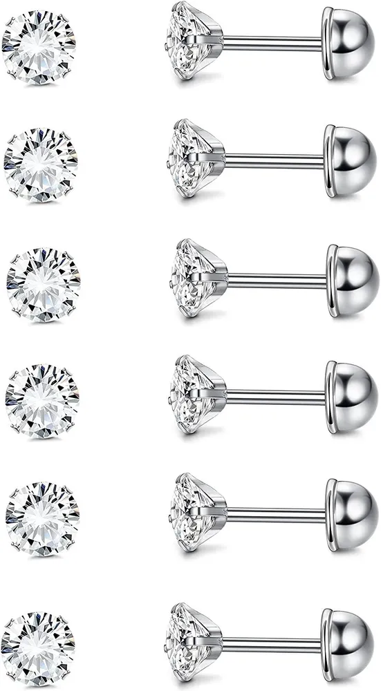 6 Pairs 20G 316L Surgical Stainless Stud Cartilage Piercing Earrings For Men Women Round Cubic Zirconia Earring Sleep Stud Earring CZ - Grocery