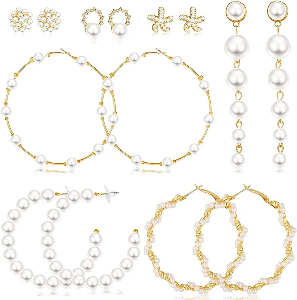7 Pairs Faux Pearl Hoop Earrings for Women Large Hoops Huge Circle Pearls Earrings Long Pearl Earrings Dangle Stud Pearl Earrings - Grocery