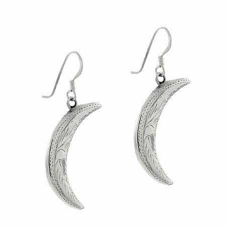 Sterling Silver Etched Design Crescent Moon Earrings - Grocery