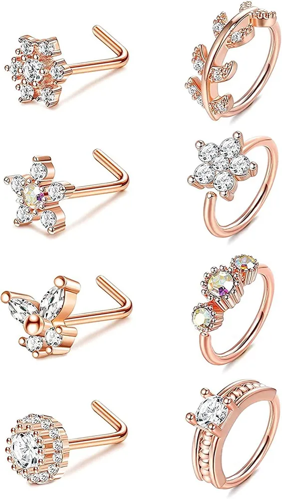20G Flower Nose Rings Hoop Nose Rings for Women Men L Shaped Nose Rings Fake Nose Hoop Ring CZ Leaf Hoop Nose Piercing Butterfly Nose Stud Rings 8Pcs - Grocery