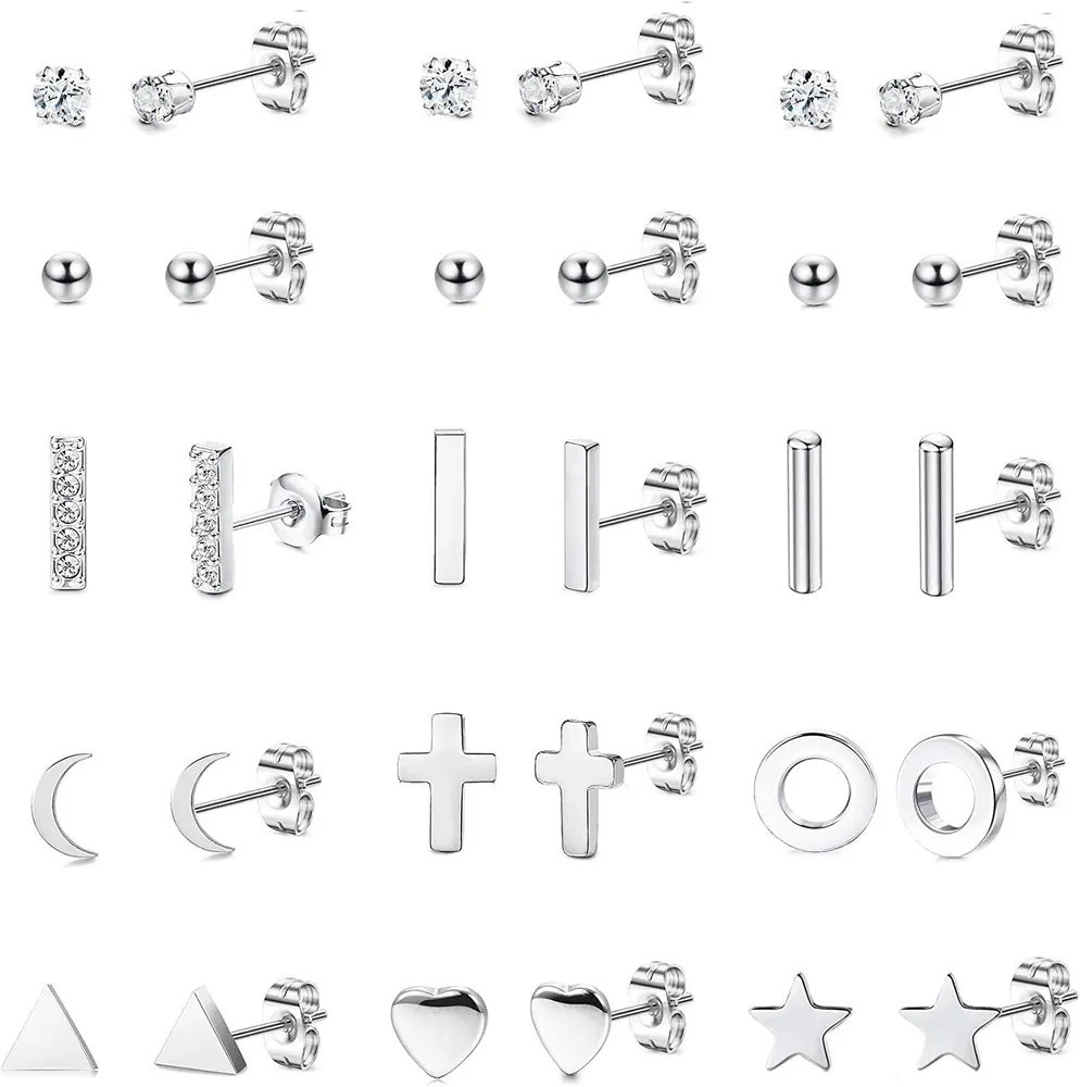 15 Pairs Bar triangle Star Heart Stud Earrings for Women Cute 2MM CZ Stainless Stud Earring Set - Grocery