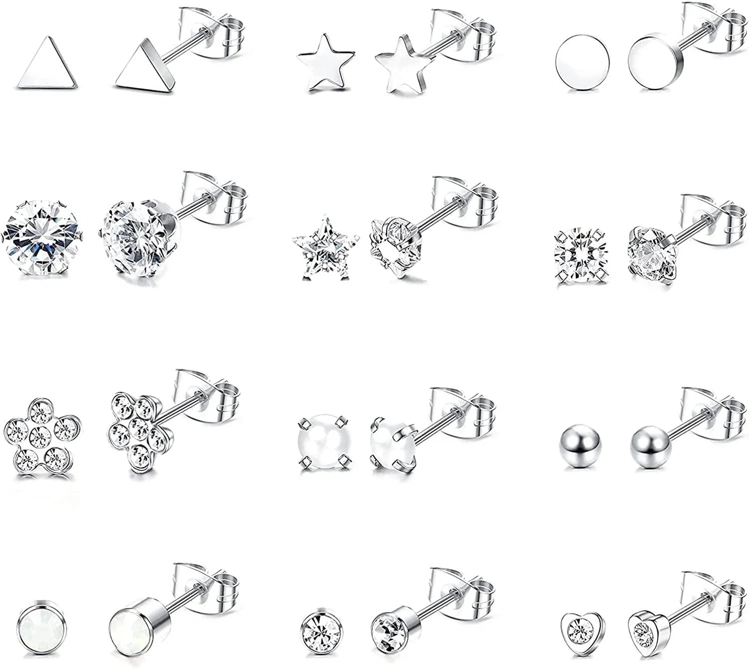 12 Pairs Stainless Stud Earrings for Women Men Tiny Star Triangle Heart Circle Pearl Ball CZ Small Stud Earrings Piercing Jewlry Set - Grocery
