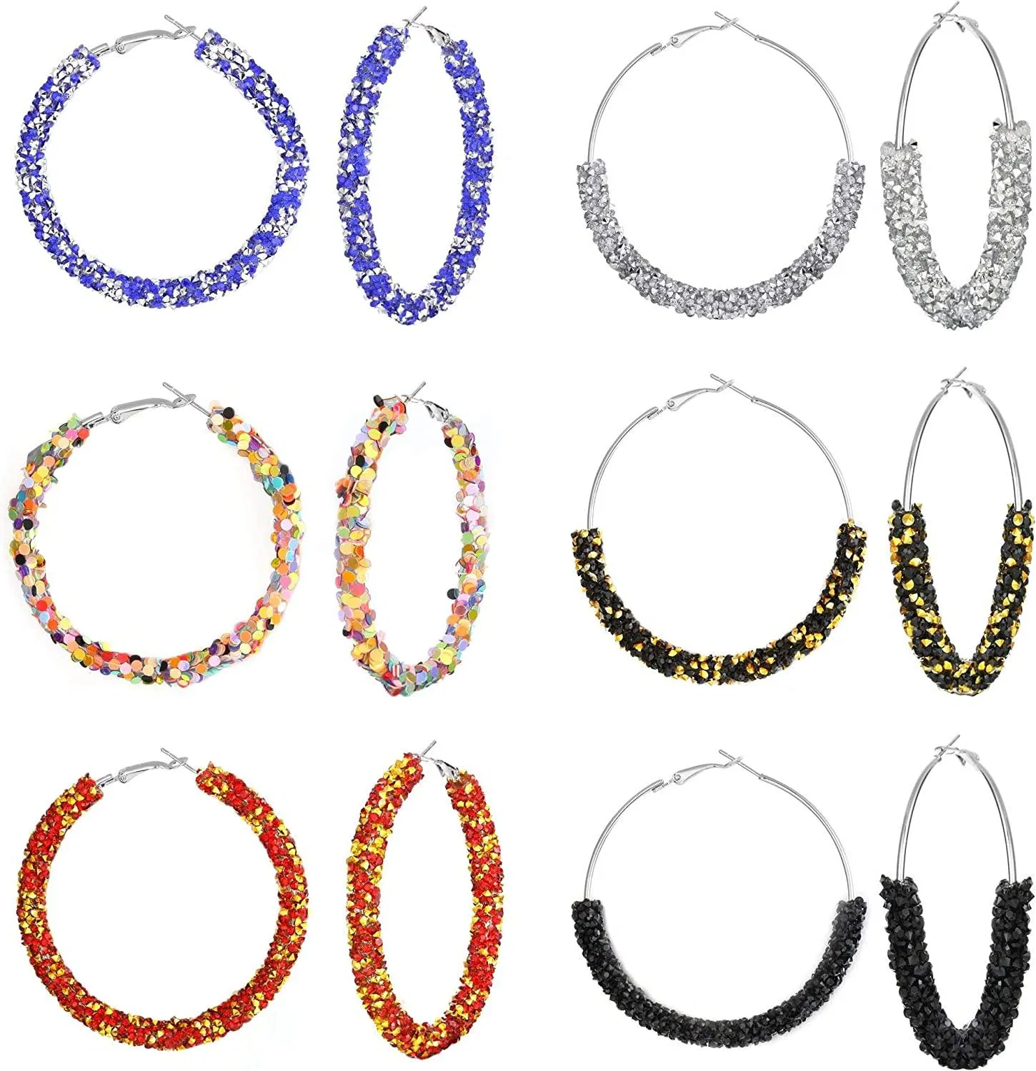 8pairs Glitter Hoop Earrings Sparkle Resin Rhinestone Wrapped Big Hoop Dangle Earrings 65MM - Grocery