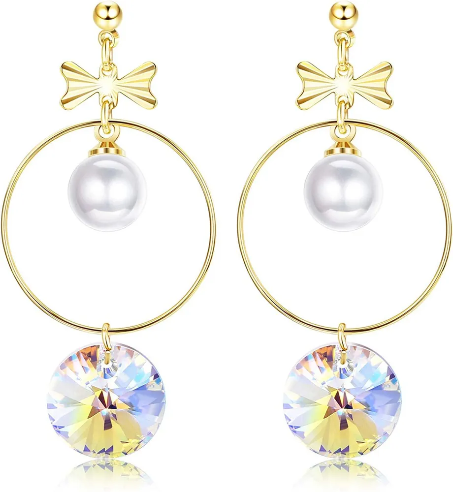 925 Sterling Silver Pearl Dangle Earrings for Women with Austria Aurora Crystals Bow Circle Drop Earrings Fine Jewelry - Grocery