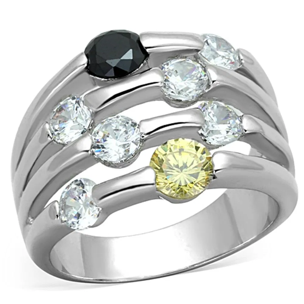 3W605 - Rhodium Brass Ring with AAA Grade CZ in Multi Color - Grocery