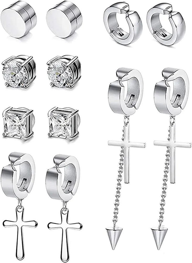 18Pairs Stainless Magnetic Stud Ear Cuffs Earrings For Men Women Non Pierced Cross Dangle Hoop Earrings Unisex CZ Clip On Earrings - Grocery