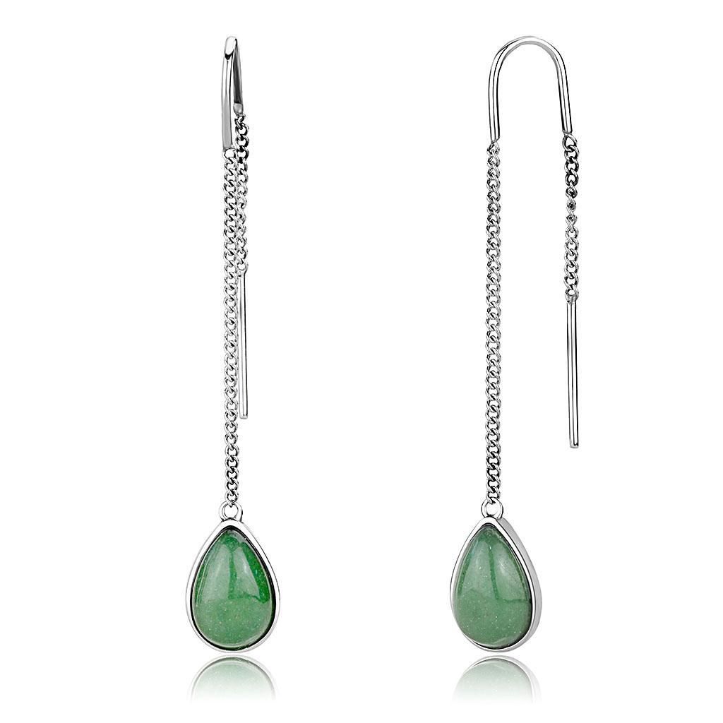 TK3099 - High polished (no plating) Stainless Steel Earrings with Semi-Precious Jade in Emerald - Grocery